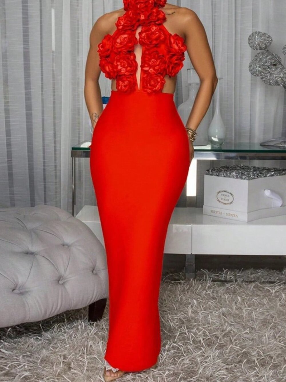 Red Sexy Halterneck Women's Elegant Large Flower Hip-Hugging Evening Dress